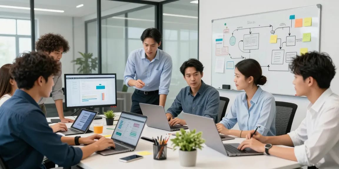 Collaborative office scene showcasing professionals using WPS Office to enhance productivity.