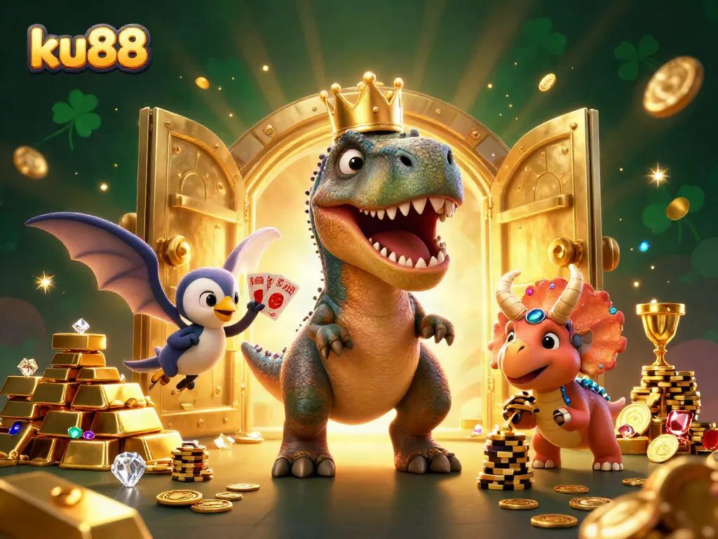 ku88 features a T-Rex shuffling cards with golden treasures, bringing laughter to online casino gaming.