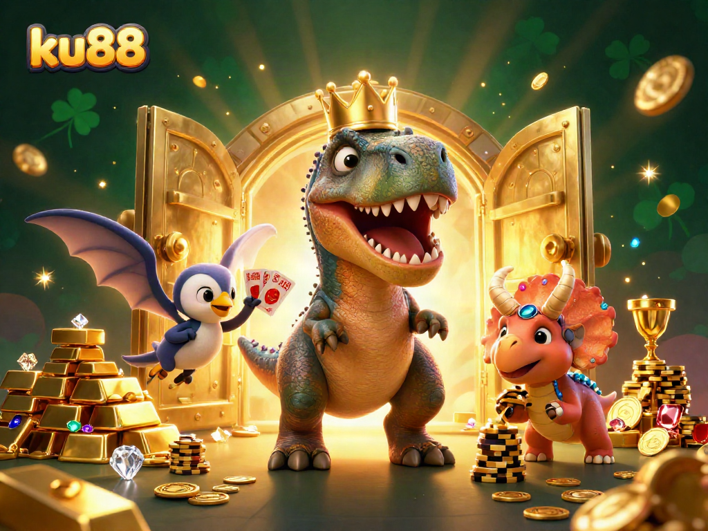 ku88 features a T-Rex shuffling cards with golden treasures, bringing laughter to online casino gaming.