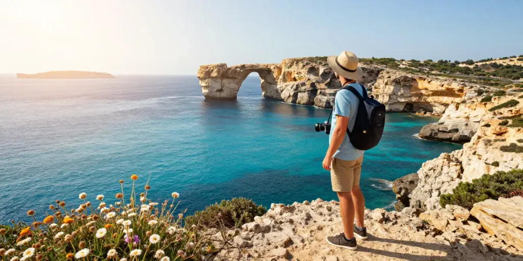 Experience the vibrant beauty of a Malta Gozo tour, with stunning coastal views and a traveler exploring the landscape.