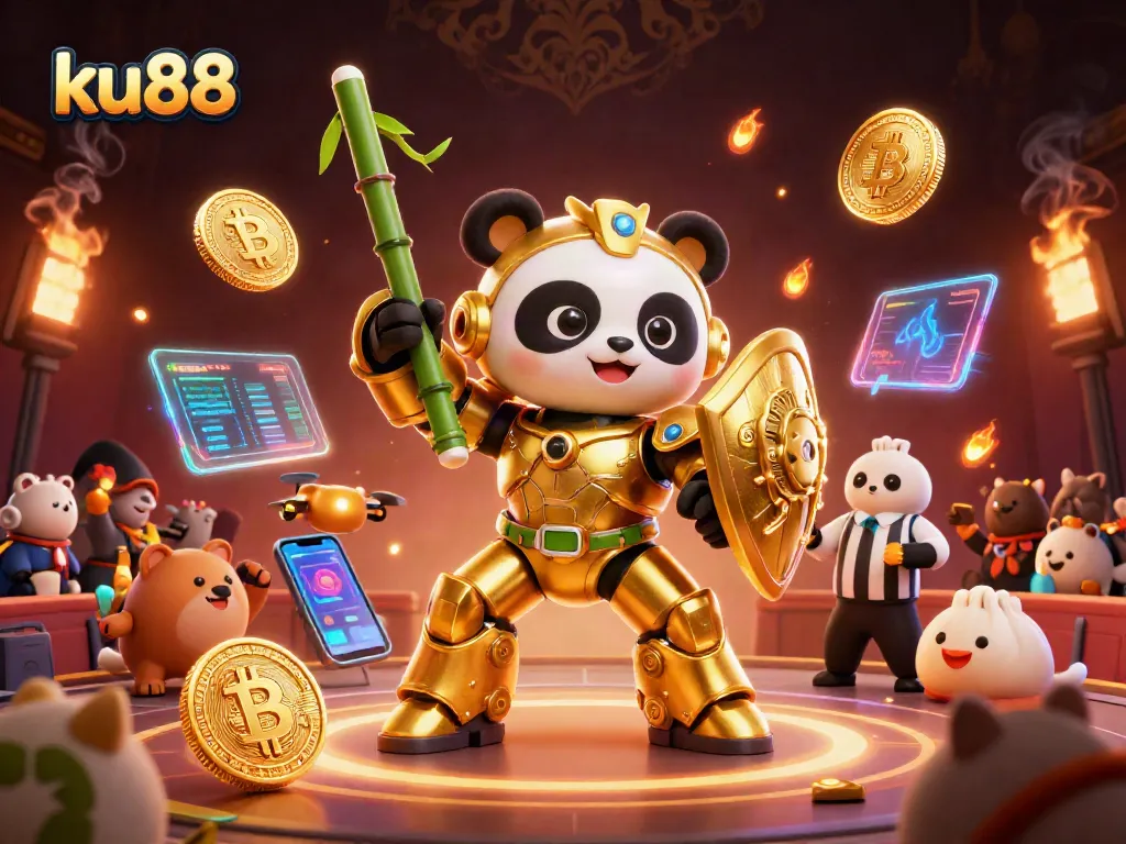 ku88 engages in an exciting game experience with golden panda and futuristic elements.