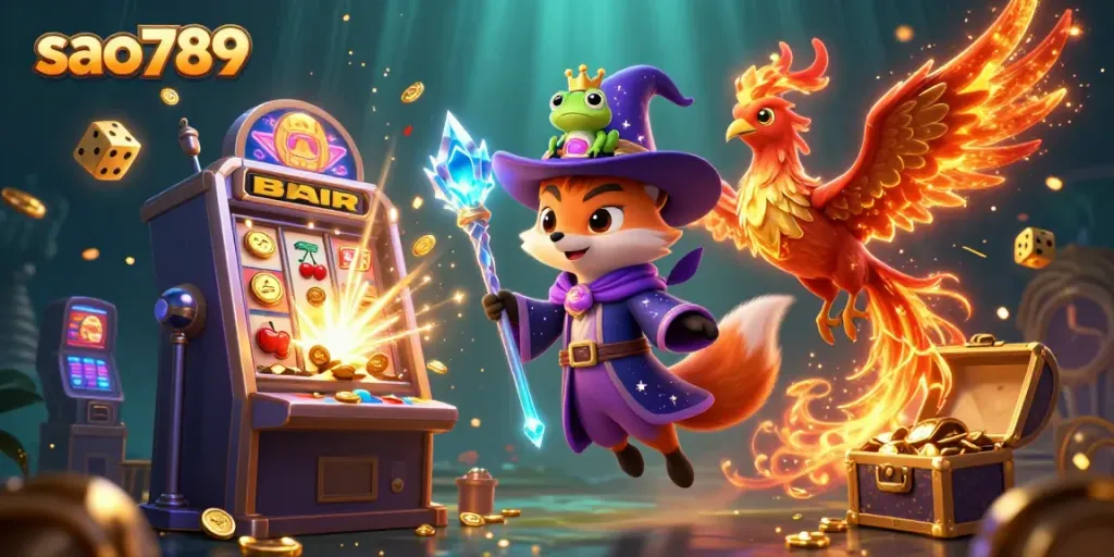 Experience the thrill of sao789 with a mystical scene featuring a wizard fox, phoenix, and slot machine!