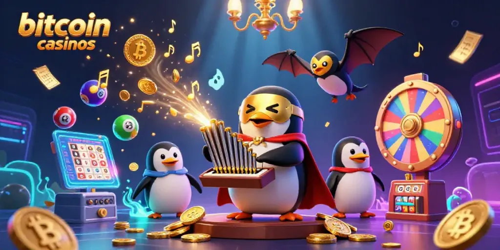 Engage in thrilling bitcoin casinos as a cartoon penguin plays music while coins burst forth in celebration.