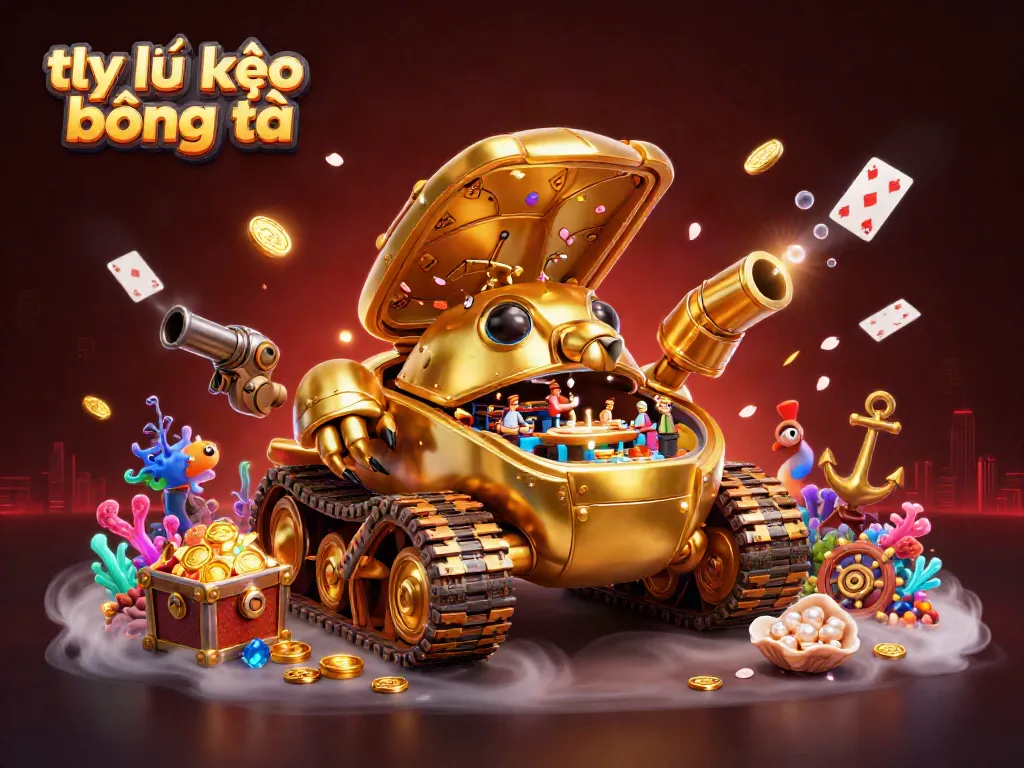 Engaging illustration of tỷ lệ kèo bóng đá with vibrant casino elements and a golden beetle tank.