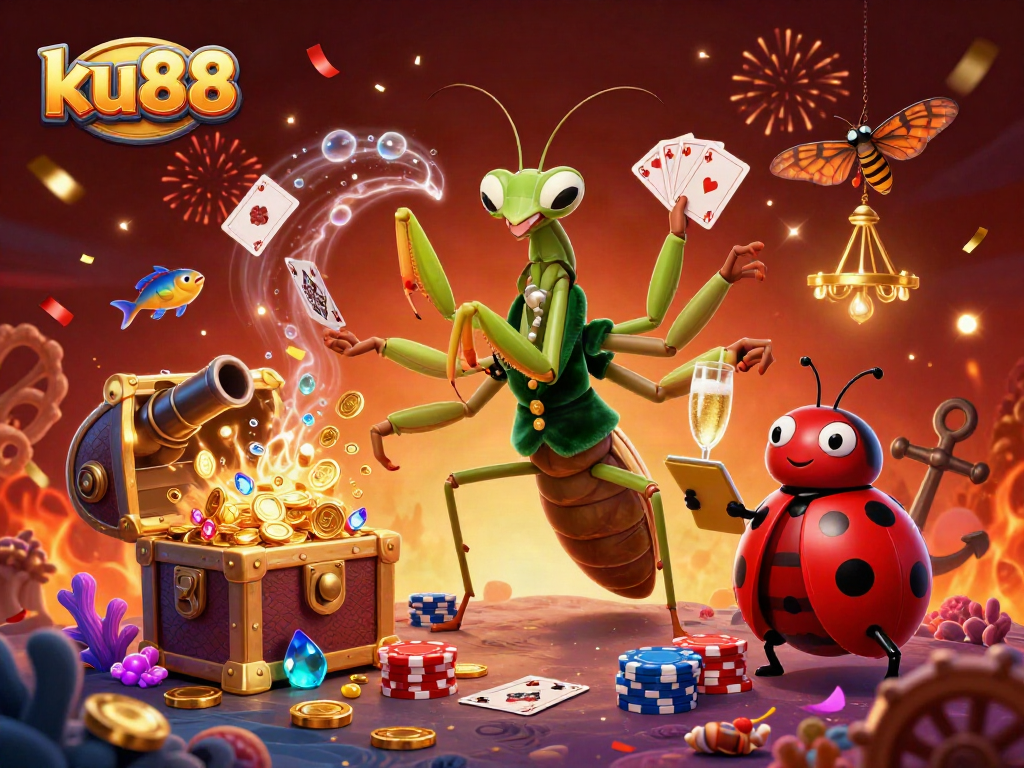 ku88 players engaging in vibrant 3D casino action with a unique praying mantis dealer and colorful game elements