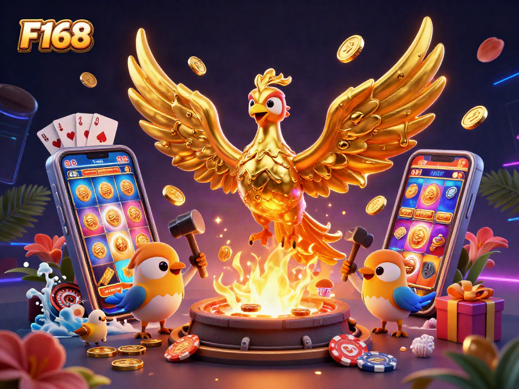 Engage with F168's dynamic golden phoenix emerging in a vibrant online casino scene filled with gaming elements.