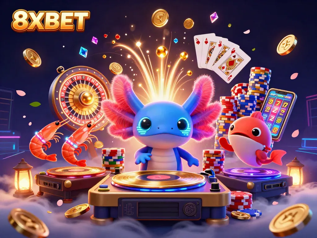 Engage with 8XBET's vibrant 3D casino universe showcasing neon axolotl DJ spinning records amidst golden coins.