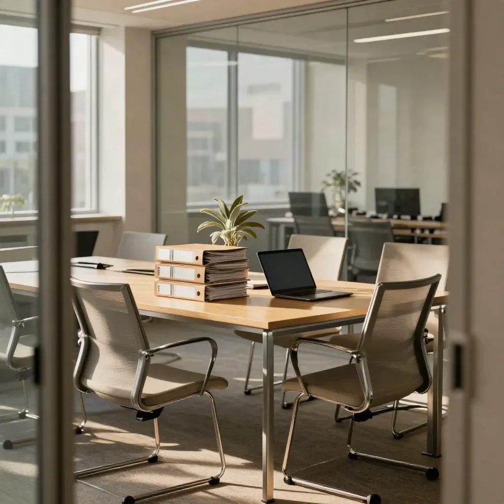 Empty glass office meeting table with pension binders, closed laptop and plant after a staff review.