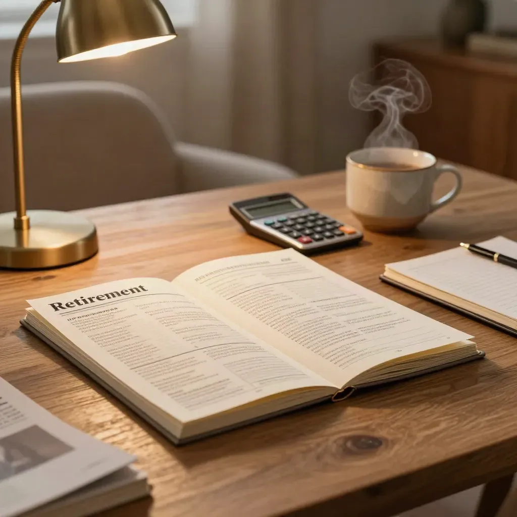 Folded retirement forecast pack, calculator and steaming tea on a warm home table beside a soft armchair.
