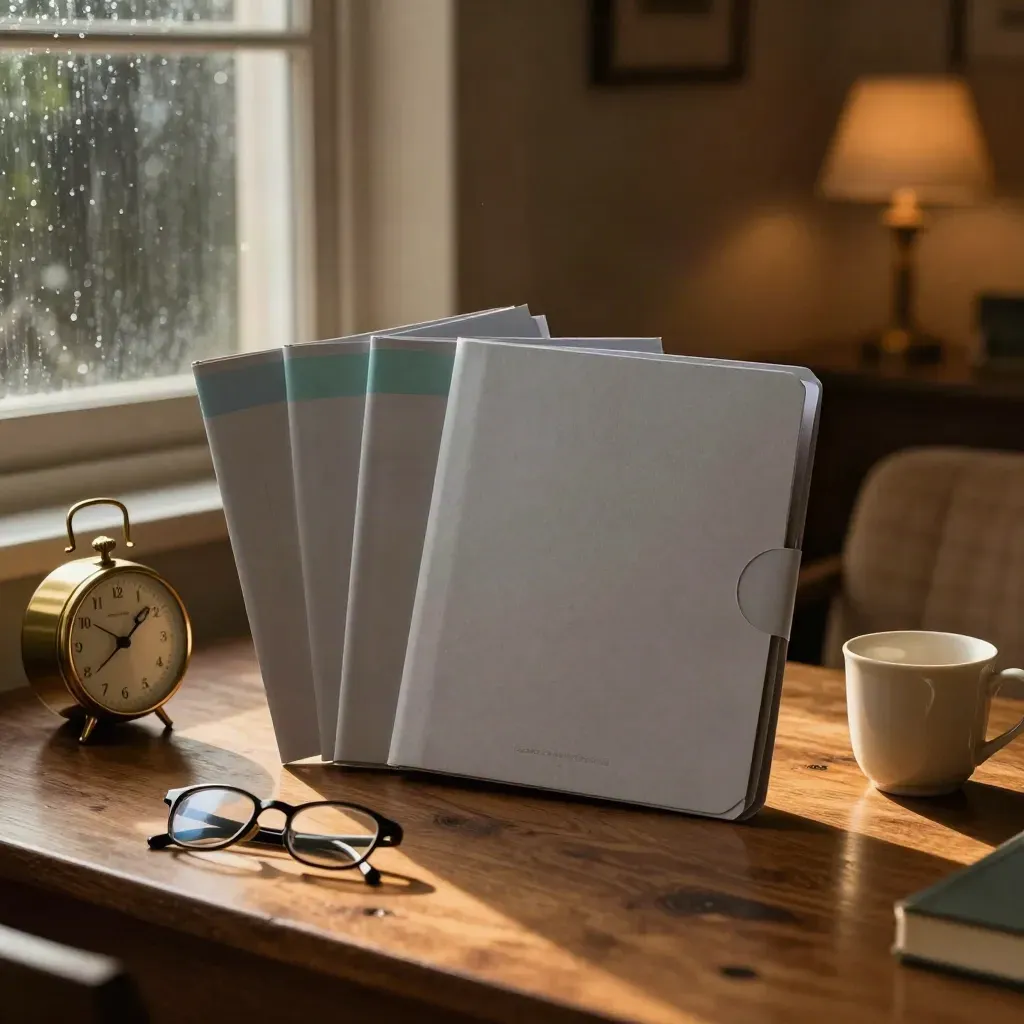 Three pension folders beside a brass clock, cup and glasses in a warm twilight desk corner.