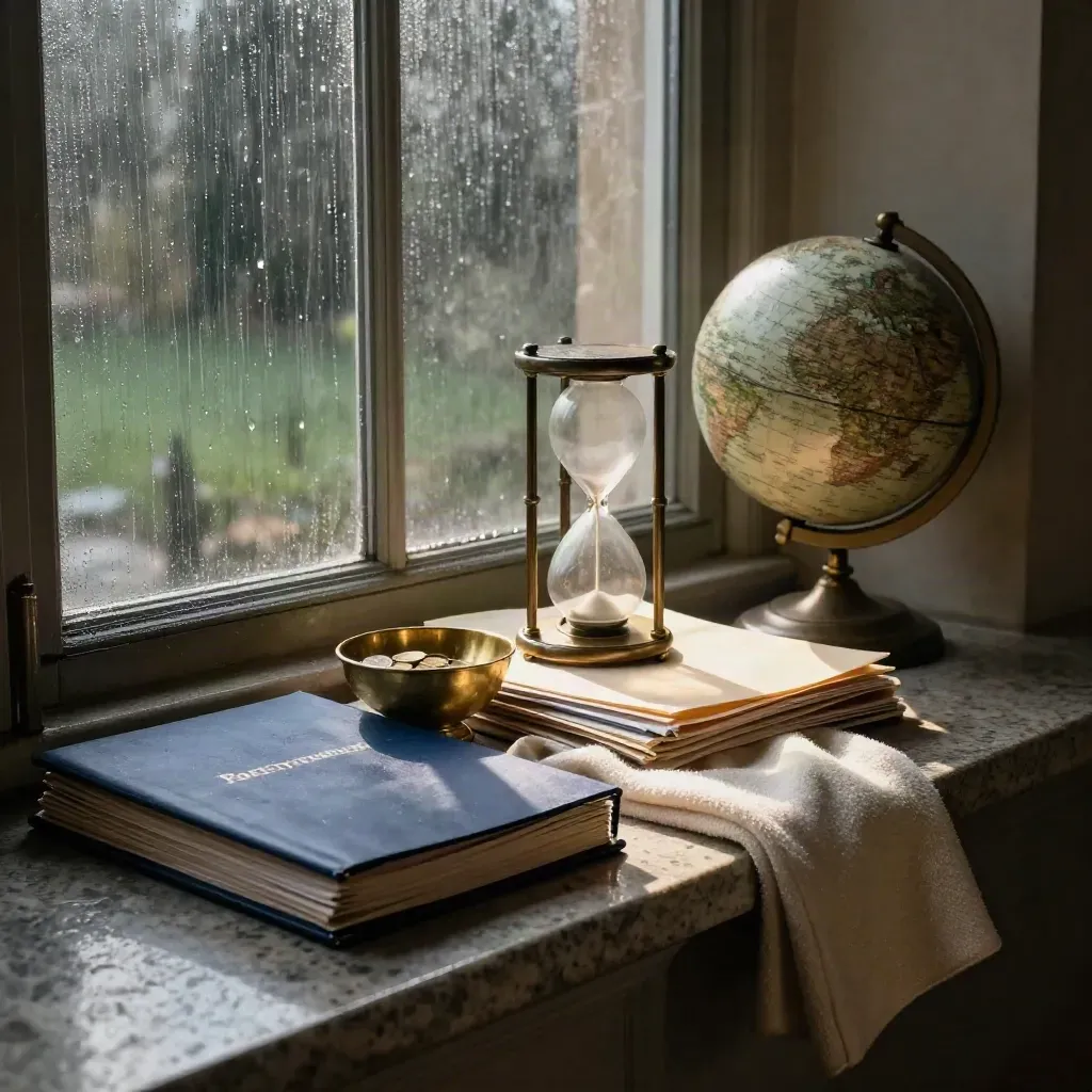 Moody pension planning still life with dossier, folders, hourglass, coins, globe, and misty morning light.