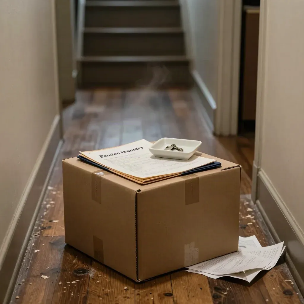 Half-packed hallway box with pension transfer folder, key tray, and packing paper in moody light.