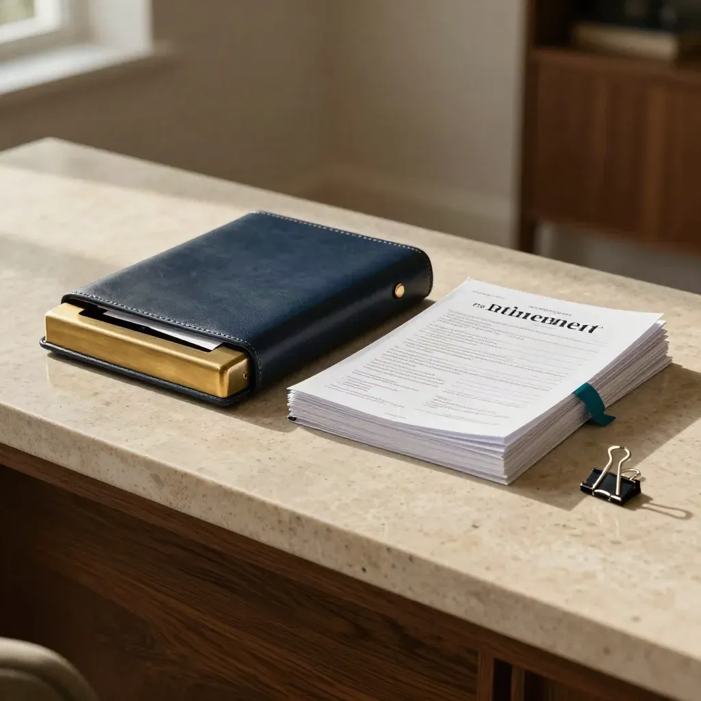 Brass paperweight on pension folder beside loose retirement planning sheets