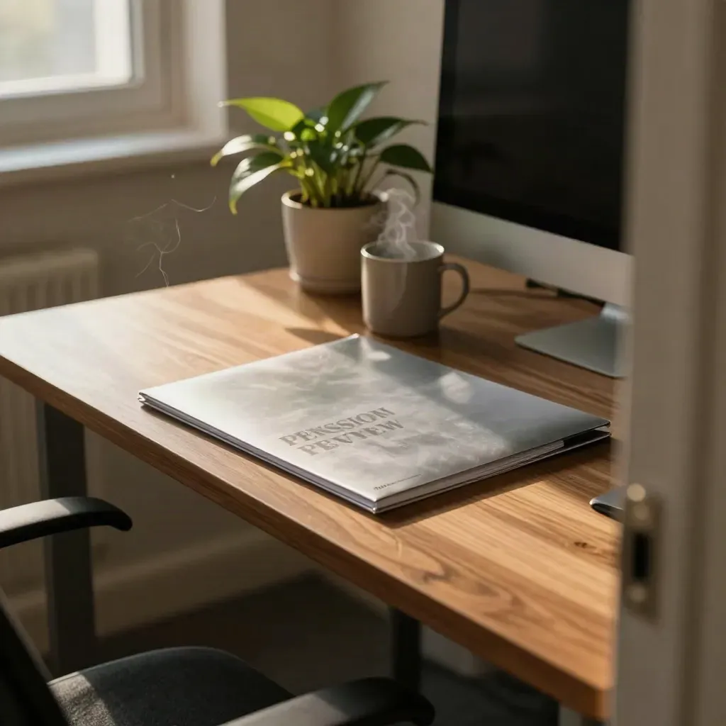 Quiet office corner with pension review pack, closed monitor, mug, and small plant