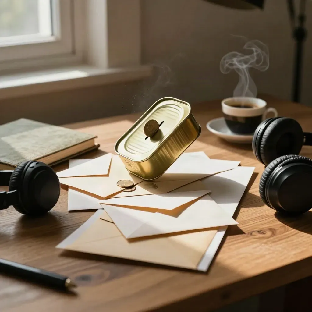 Brass savings tin, envelopes, sketchbook, headphones and espresso cup on a studio workbench