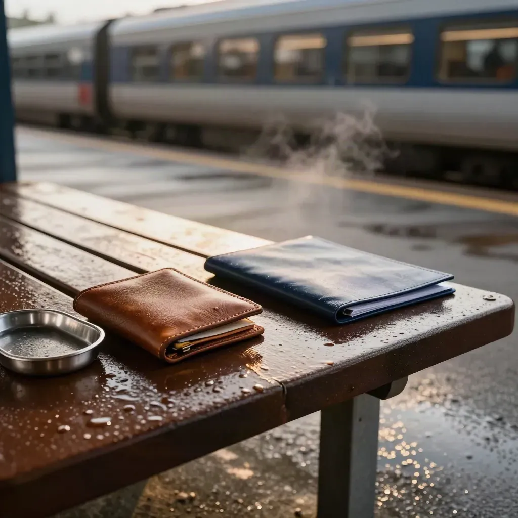 Rainy station bench with travel wallet, coin tray, sealed folder, and blurred departing train