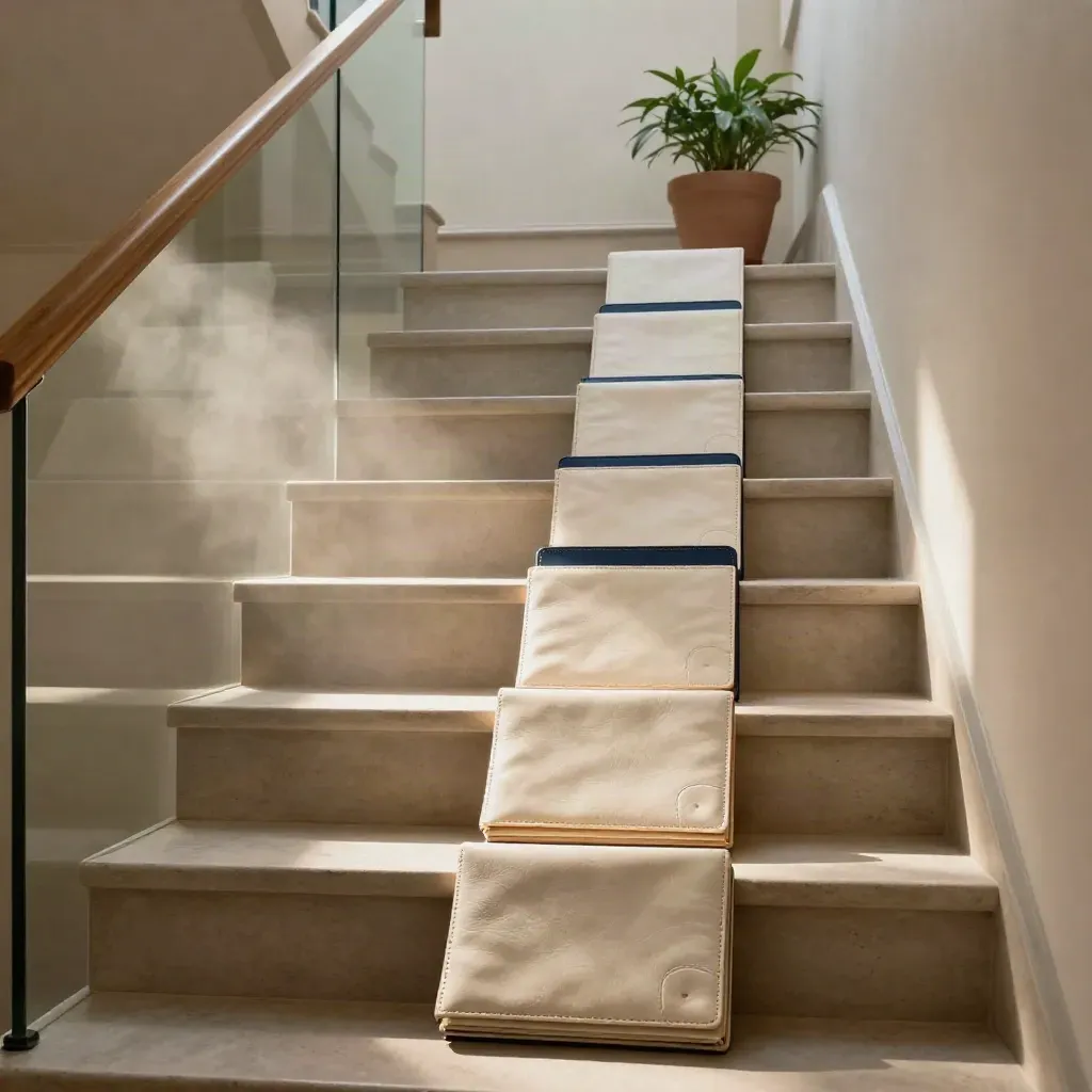 Low stairwell with stacked wallets, a plant on the top step, and misty light.