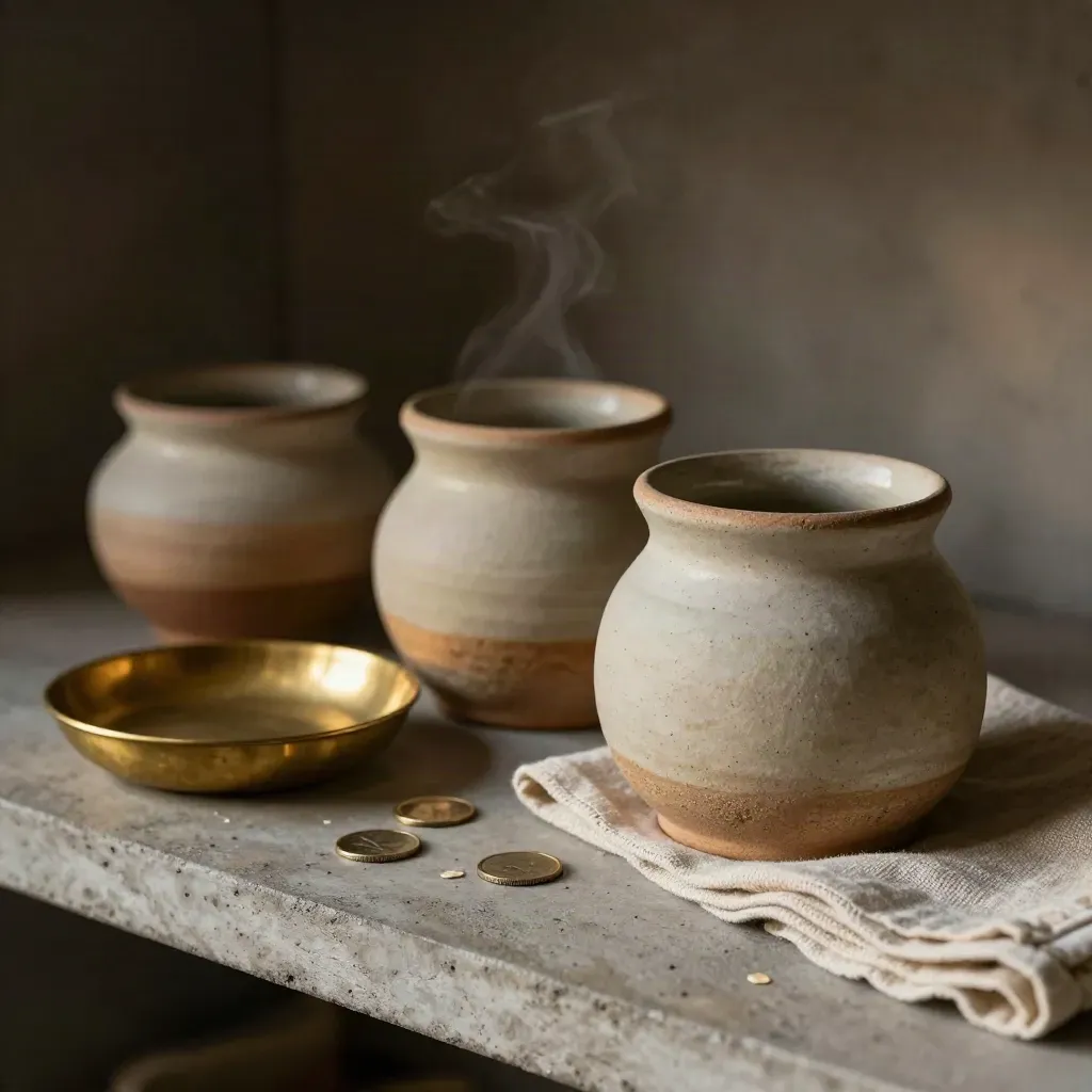 Three ceramic pots beside a brass coin dish and folded cloth on concrete, seen from above.