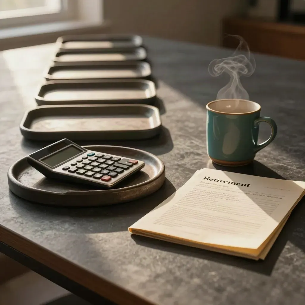Shallow trays, calculator, mug and folder on a dark table in warm window light.