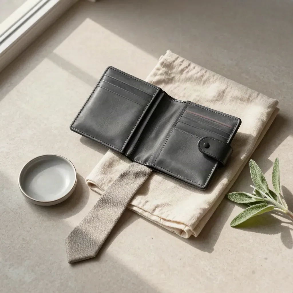 Opened pension transfer wallet with cloth, ceramic dish and sprig on pale stone