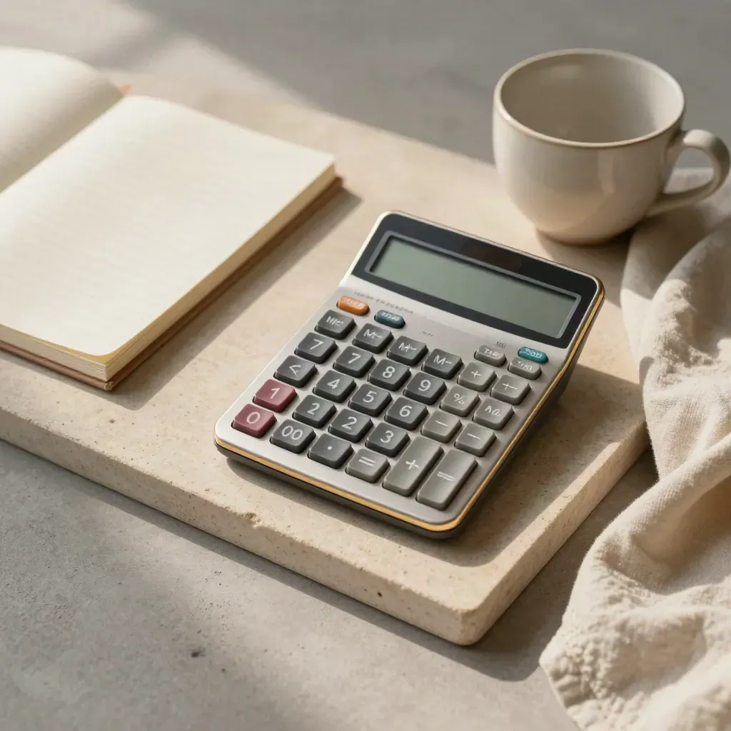 Calculator, notebook, cup and cloth on stone tray for income forecasts.