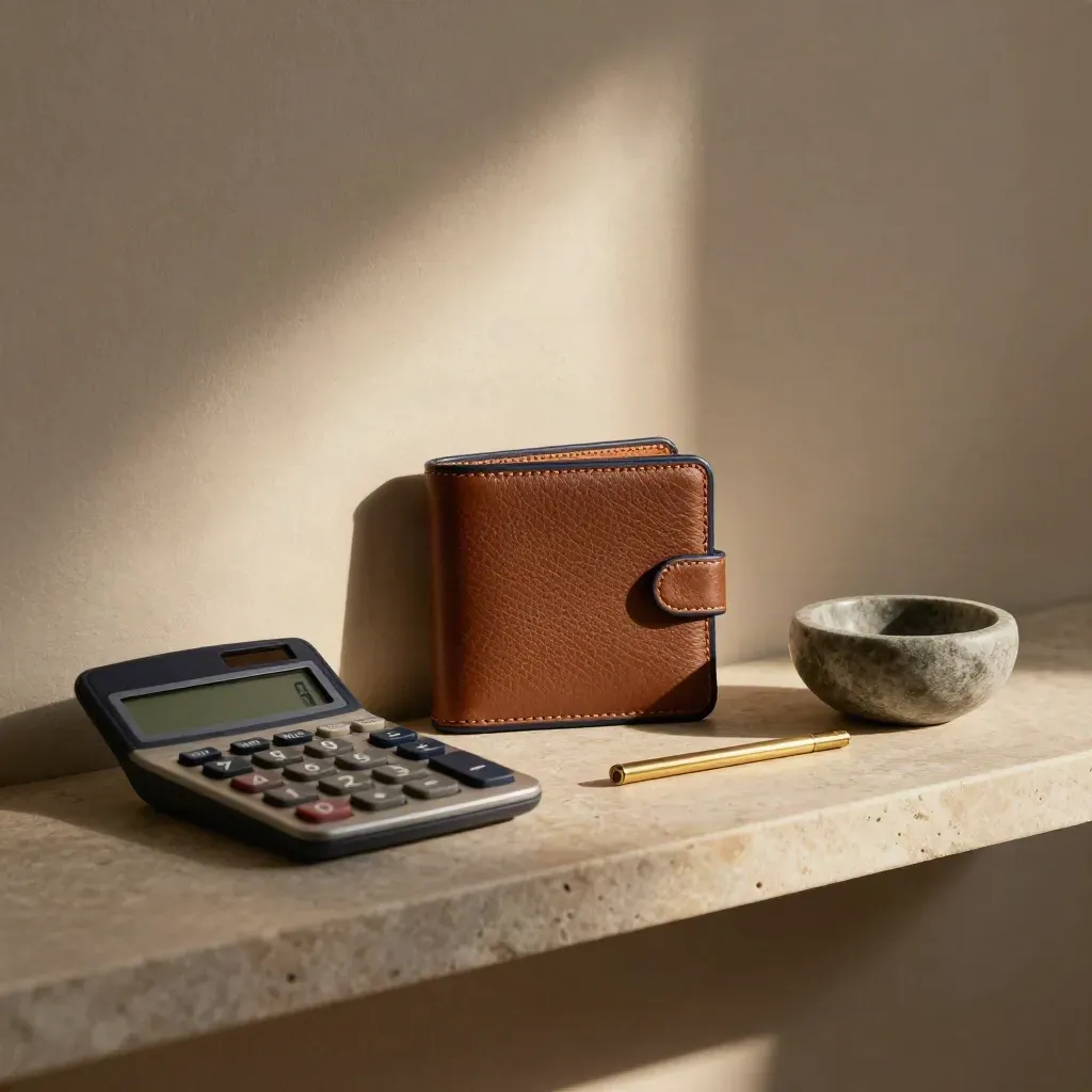 Annuity comparison still life with calculator, sealed wallet, brass clip and stone bowl on limestone.