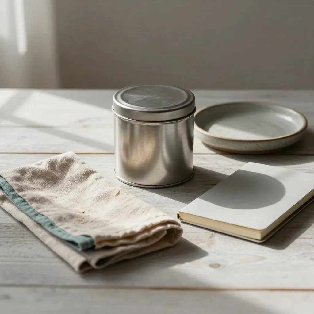 Freelancer savings kit with tin, cloth, tray and notebook on pale wood
