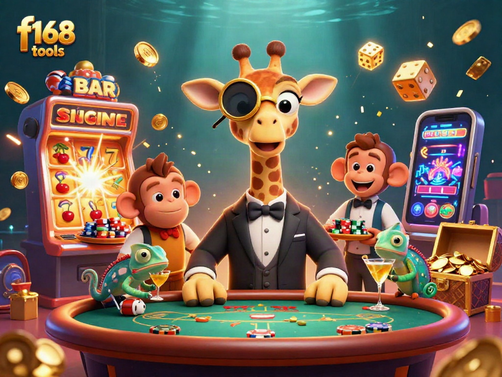 Engage with f168 tools in a vibrant casino scene featuring a high-roller giraffe and gaming elements.