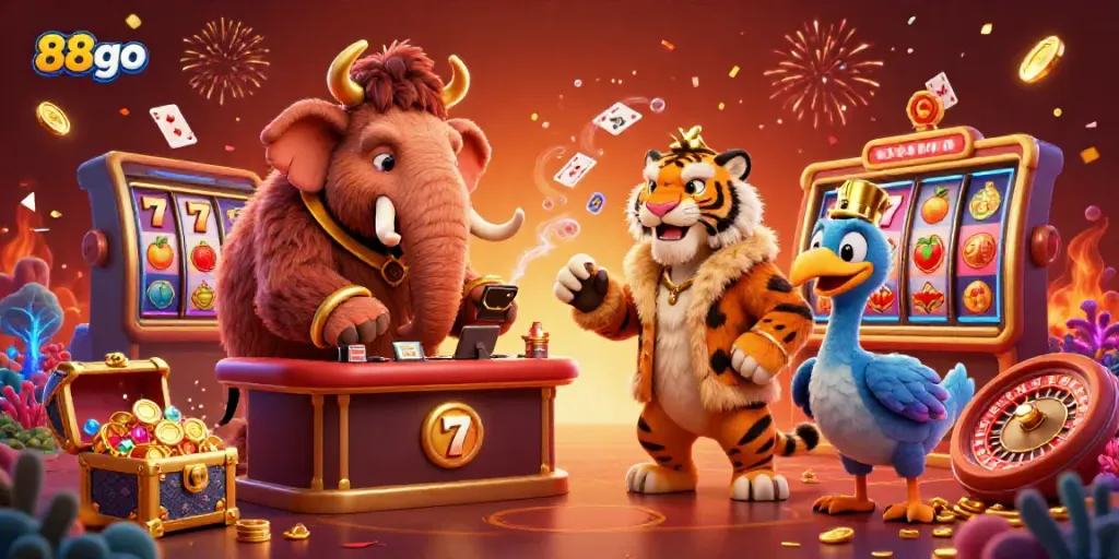 Engaging scene of 88go featuring a woolly mammoth bouncer and saber-tooth tiger VIP in a vibrant casino setting.