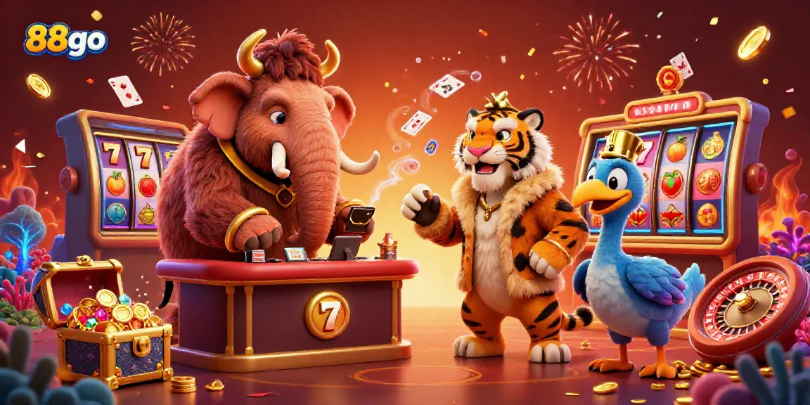 Engaging scene of 88go featuring a woolly mammoth bouncer and saber-tooth tiger VIP in a vibrant casino setting.