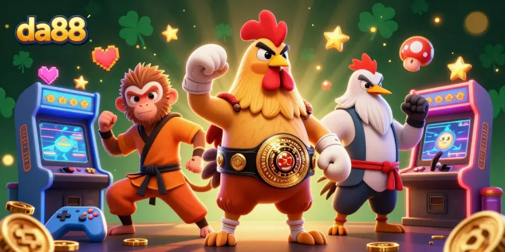 da88 showcases a vibrant 3D casino scene with animated characters around glowing game machines