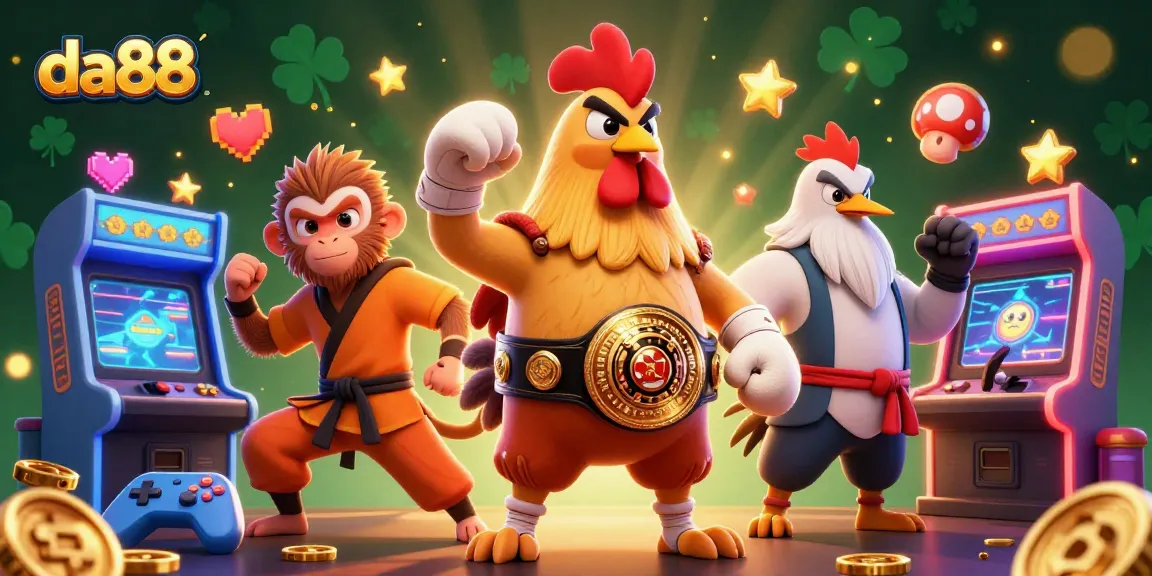 da88 showcases a vibrant 3D casino scene with animated characters around glowing game machines