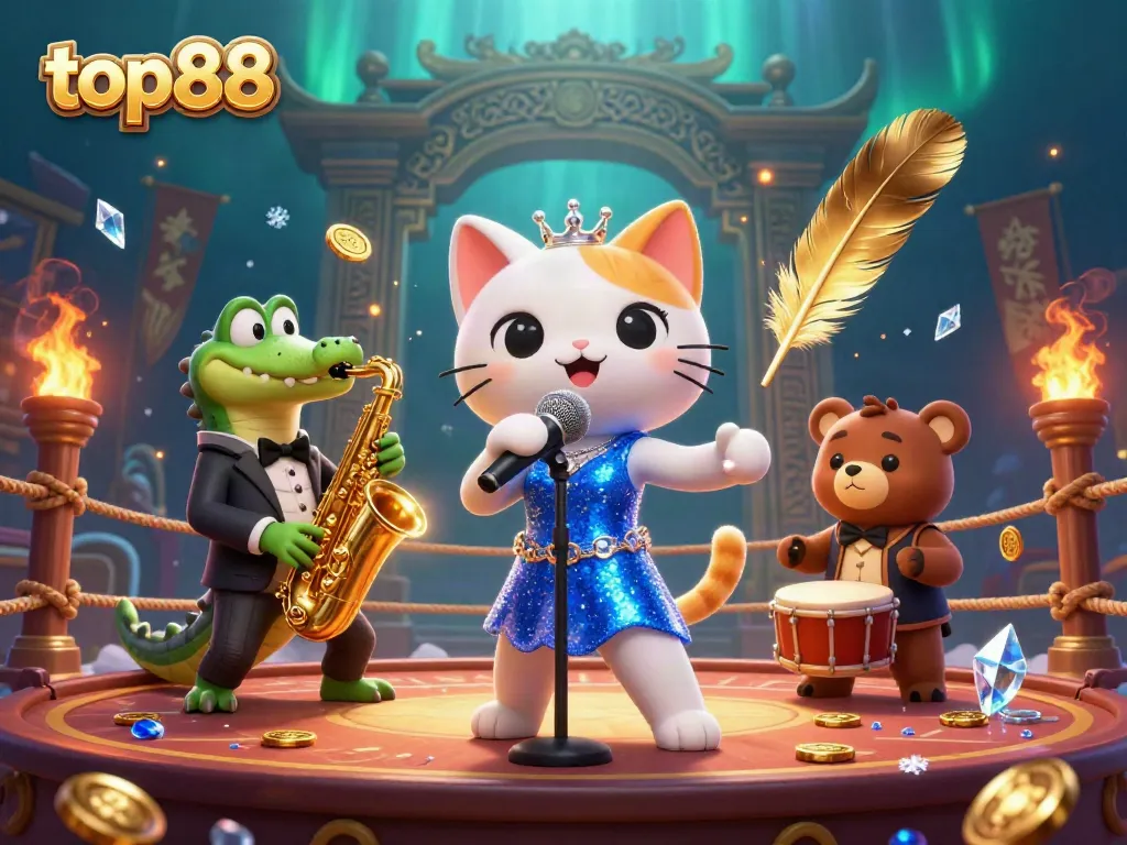 top88 features vibrant 3D casino scene with a jazz-singer cat and musicians, enhanced with dramatic effects.
