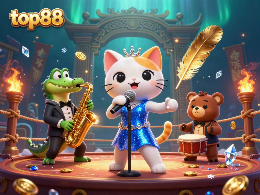 top88 features vibrant 3D casino scene with a jazz-singer cat and musicians, enhanced with dramatic effects.