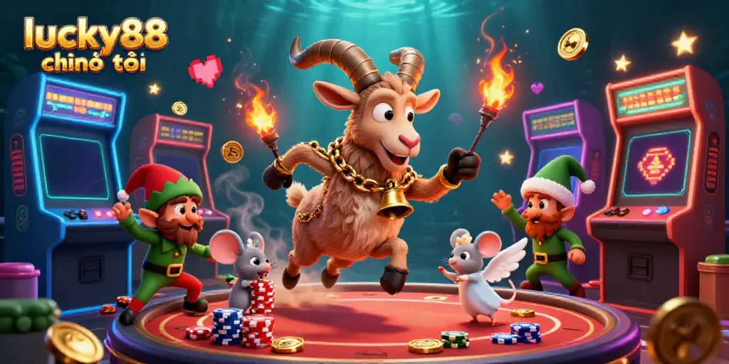 Lucky88 chính thức casino scene featuring Krampus, mouse, and gremlins amidst arcade and gaming elements.