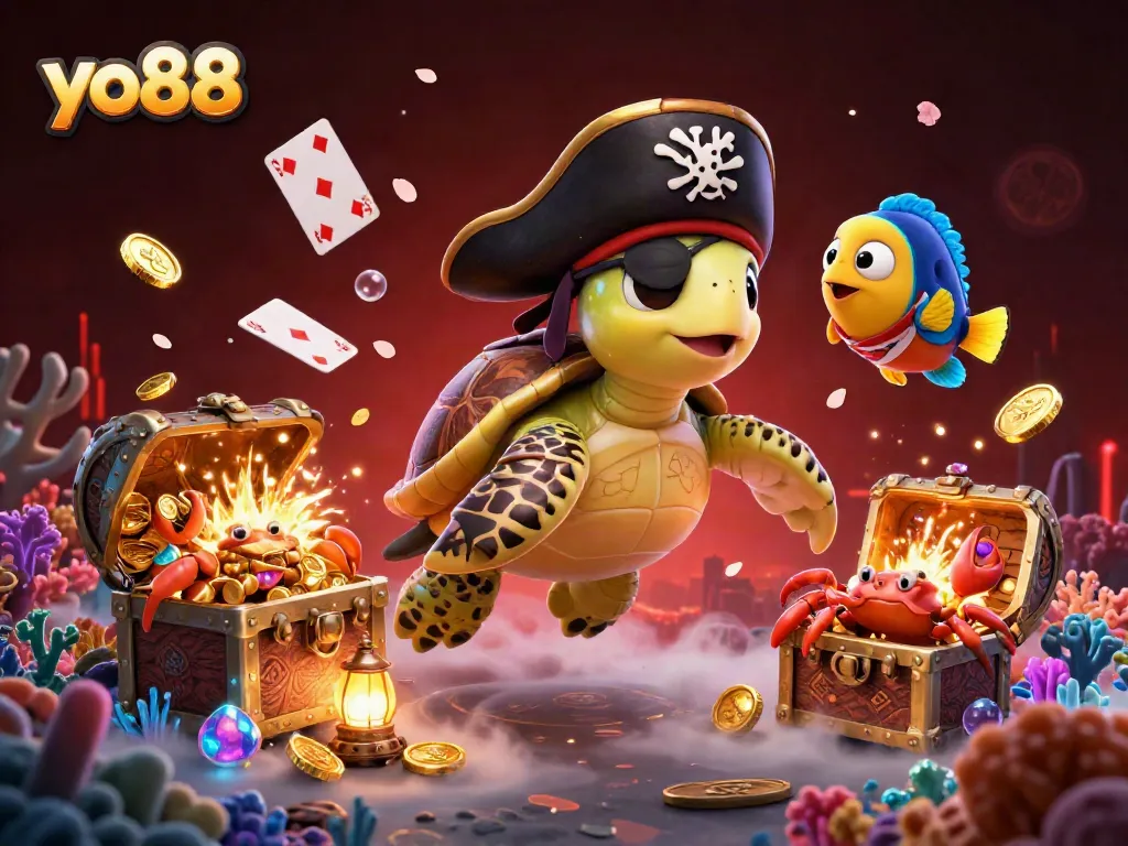 Play exciting games at yo88 with vibrant underwater treasure scene featuring a cartoon turtle and crab.