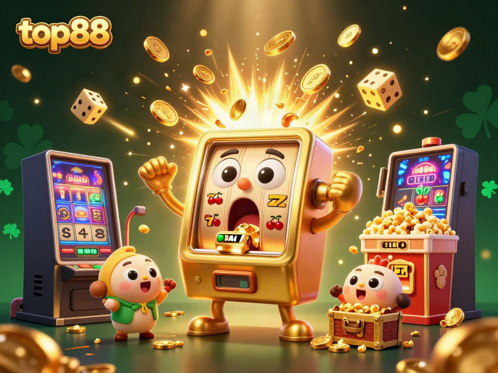 Experience a thrilling jackpot with top88 as a golden slot machine celebrates wins surrounded by vibrant casino elements.