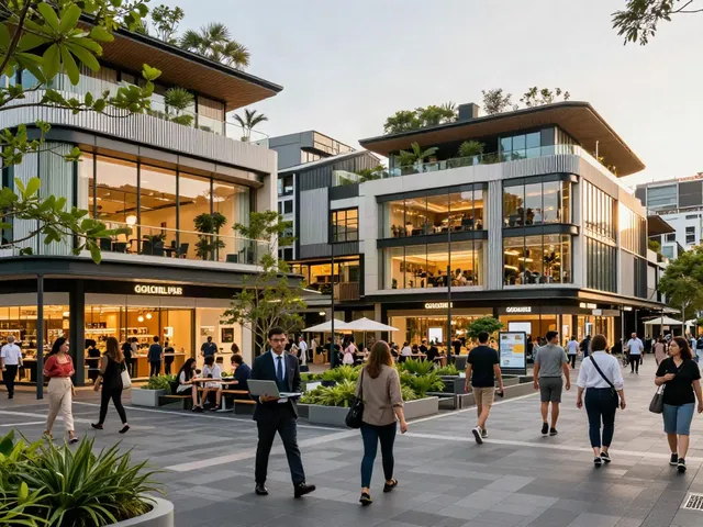 Goldhill Plaza as a vibrant commercial hub with shoppers and office goers enjoying the lively atmosphere.