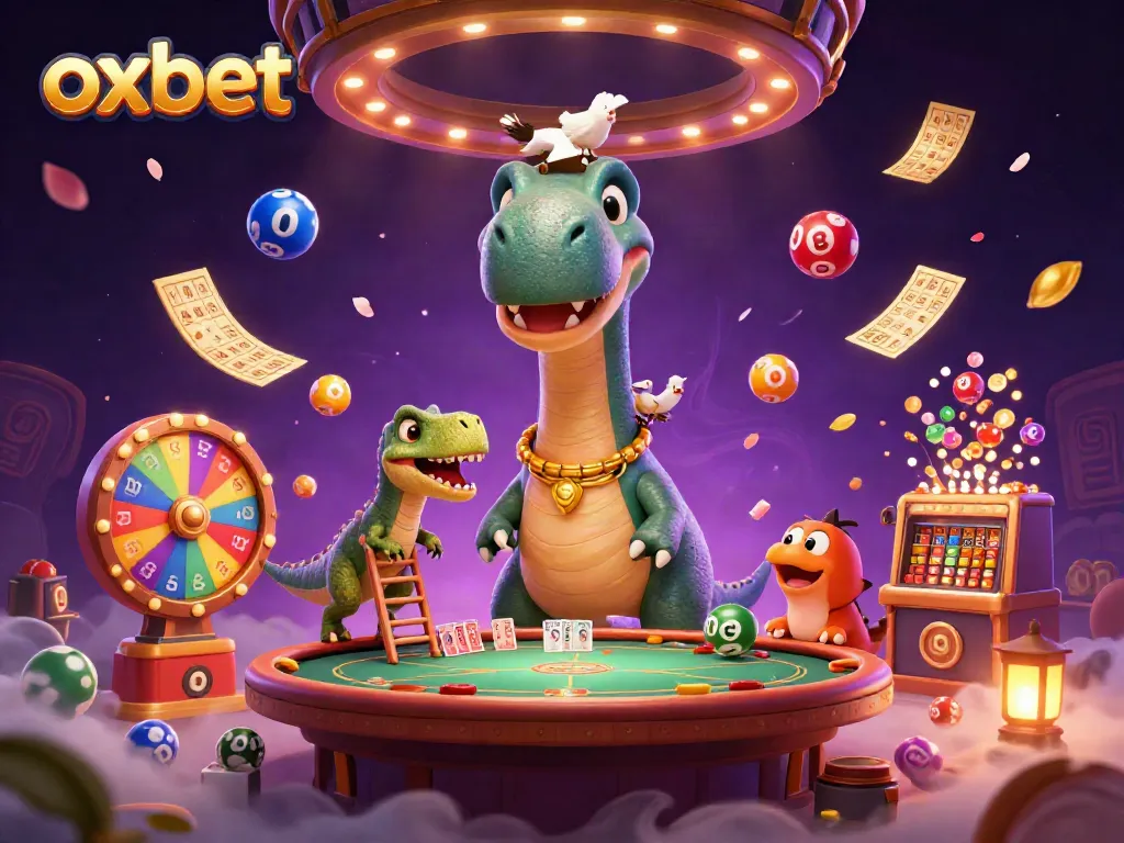 Experience the excitement of oxbet with a whimsical scene depicting a giant brontosaurus and raptor dealer.