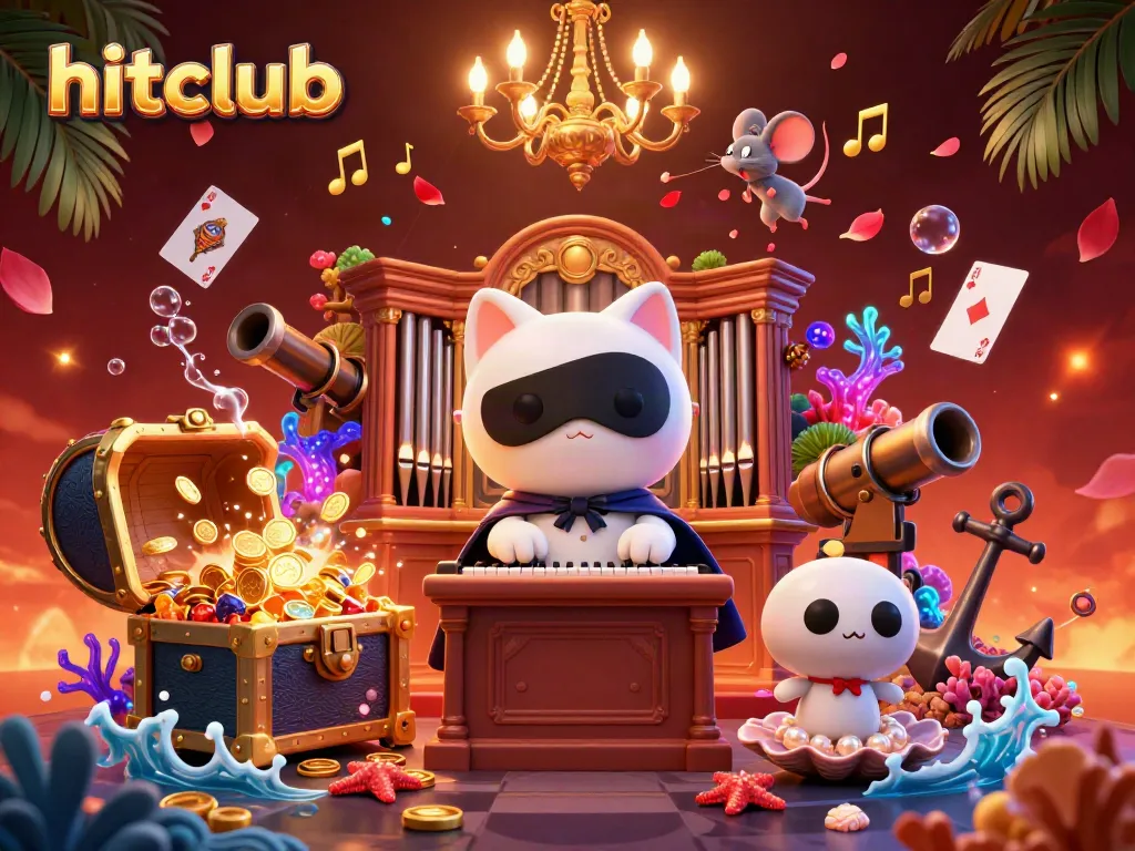 Experience hitclub's excitement with a vibrant casino scene featuring a masked cat and lively characters.