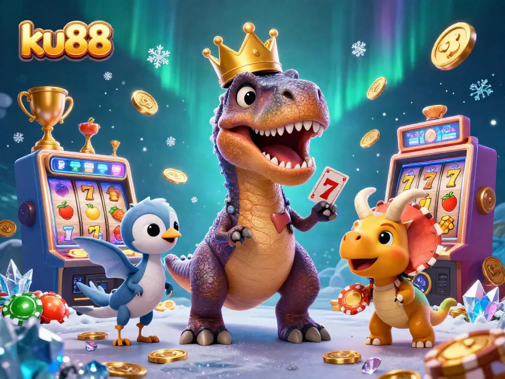 Experience the thrill of ku88 with friendly dinosaurs enjoying casino games and vibrant slot elements.