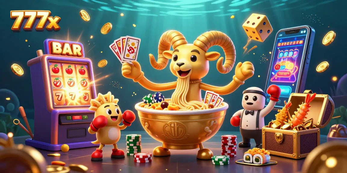 Experience the excitement of 777x with a dynamic 3D casino scene filled with vibrant characters.