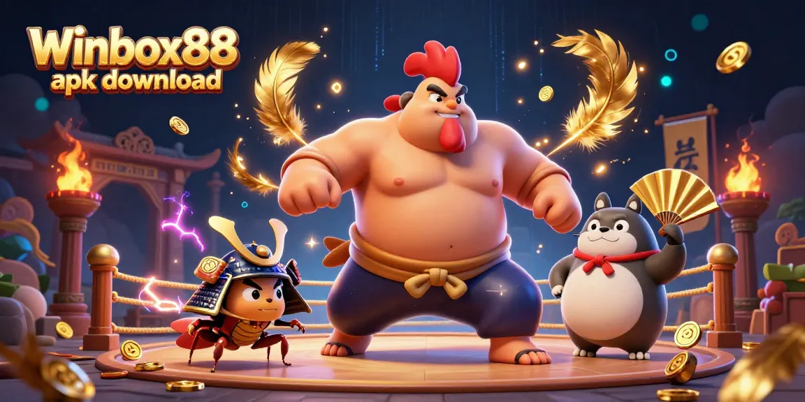 Winbox88 apk download app illustration featuring an epic sumo rooster and samurai cricket in a casino arena.