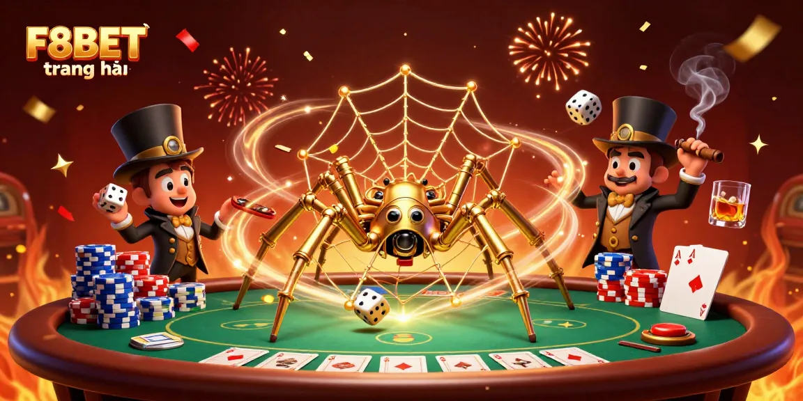 Experience F8BET trang chủ with an intricate scene featuring a steampunk spider and poker elements.